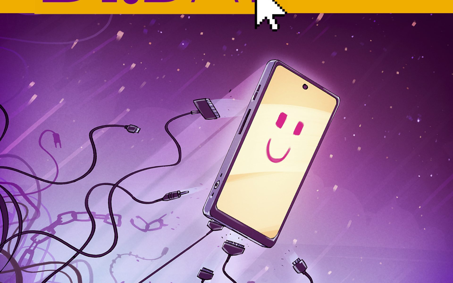 Werbebild des Digital Independence Day. Zeichnung: Unter der Überschrift DI.DAY fliegt ein Smartphone mit stilisiertem Lächeln aus einem Gewirr an Kabeln